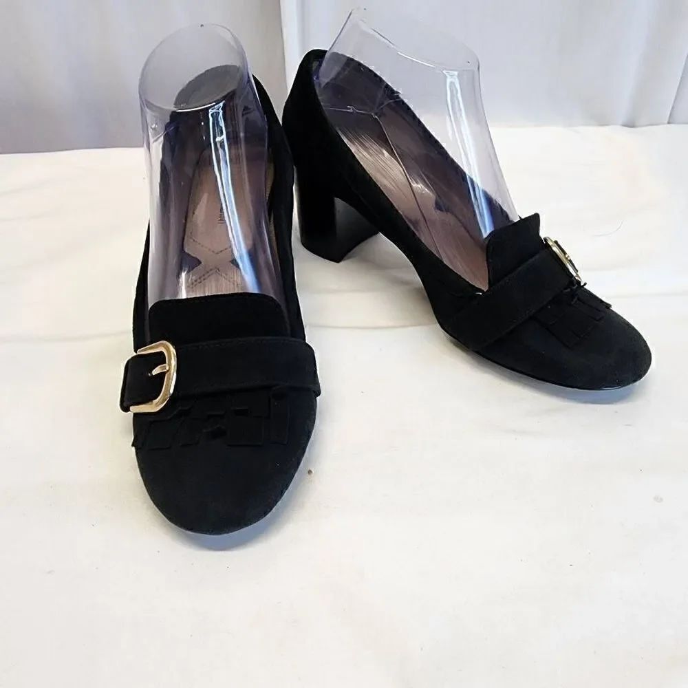Adrienne Vittadini Black Suede Ginty Pumps Size 7.5 Block Heel Loafer Buckle